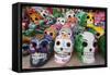 Mexico, Yucatan, Isla Mujeres, colorful ceramic calavera skulls for sale in market.-Merrill Images-Framed Stretched Canvas