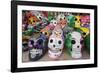 Mexico, Yucatan, Isla Mujeres, colorful ceramic calavera skulls for sale in market.-Merrill Images-Framed Photographic Print
