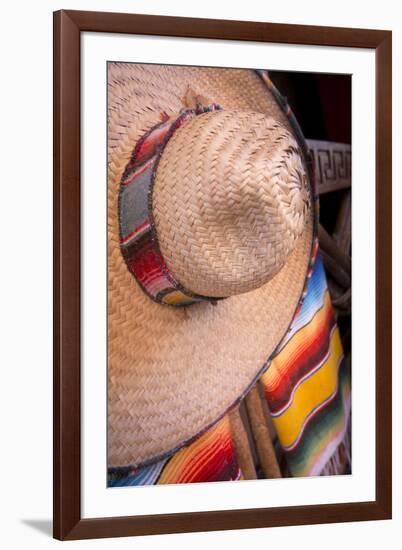 Mexico, Yucatan, Isla Mujeres, straw hat and colorful blankets.-Merrill Images-Framed Photographic Print