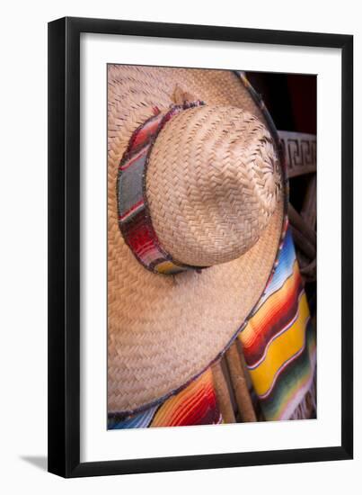 Mexico, Yucatan, Isla Mujeres, straw hat and colorful blankets.-Merrill Images-Framed Premium Photographic Print