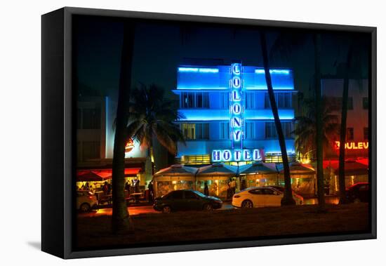 Miami Beach Art Deco District - The Colony Hotel by Night - Ocean Drive - Florida-Philippe Hugonnard-Framed Stretched Canvas