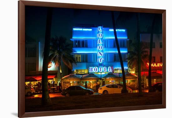 Miami Beach Art Deco District - The Colony Hotel by Night - Ocean Drive - Florida-Philippe Hugonnard-Framed Photographic Print