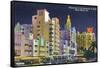 Miami Beach, Florida - City Scene at Night-Lantern Press-Framed Stretched Canvas