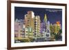 Miami Beach, Florida - City Scene at Night-Lantern Press-Framed Premium Giclee Print