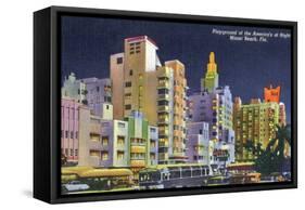 Miami Beach, Florida - City Scene at Night-Lantern Press-Framed Stretched Canvas