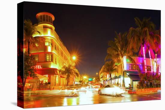 Miami Beach Florida Colorful Night Summer Scene-Fotomak-Stretched Canvas