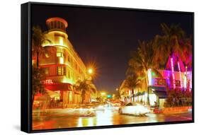 Miami Beach Florida Colorful Night Summer Scene-Fotomak-Framed Stretched Canvas