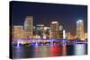 Miami City Skyline Closeup at Dusk with Urban Skyscrapers and Bridge over Sea with Reflection-Songquan Deng-Stretched Canvas