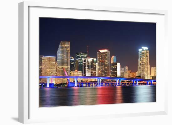 Miami City Skyline Closeup at Dusk with Urban Skyscrapers and Bridge over Sea with Reflection-Songquan Deng-Framed Photographic Print