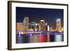 Miami City Skyline Closeup at Dusk with Urban Skyscrapers and Bridge over Sea with Reflection-Songquan Deng-Framed Photographic Print