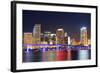 Miami City Skyline Closeup at Dusk with Urban Skyscrapers and Bridge over Sea with Reflection-Songquan Deng-Framed Photographic Print