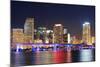 Miami City Skyline Closeup at Dusk with Urban Skyscrapers and Bridge over Sea with Reflection-Songquan Deng-Mounted Photographic Print