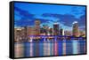 Miami City Skyline Panorama at Dusk with Urban Skyscrapers and Bridge over Sea with Reflection-Songquan Deng-Framed Stretched Canvas