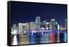 Miami City Skyline Panorama at Dusk with Urban Skyscrapers and Bridge over Sea with Reflection-Songquan Deng-Framed Stretched Canvas