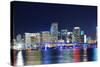 Miami City Skyline Panorama at Dusk with Urban Skyscrapers and Bridge over Sea with Reflection-Songquan Deng-Stretched Canvas