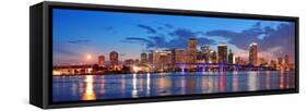 Miami City Skyline Panorama at Dusk with Urban Skyscrapers and Bridge over Sea with Reflection-Songquan Deng-Framed Stretched Canvas
