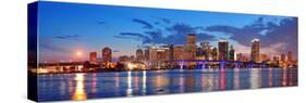 Miami City Skyline Panorama at Dusk with Urban Skyscrapers and Bridge over Sea with Reflection-Songquan Deng-Stretched Canvas
