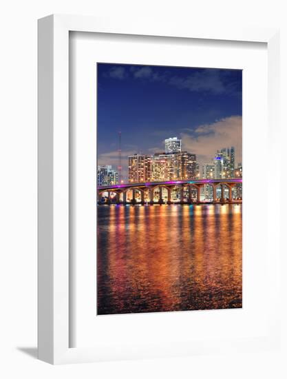 Miami City Skyline Panorama at Dusk with Urban Skyscrapers and Bridge over Sea with Reflection-Songquan Deng-Framed Photographic Print