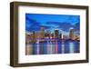 Miami City Skyline Panorama at Dusk with Urban Skyscrapers and Bridge over Sea with Reflection-Songquan Deng-Framed Photographic Print