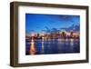 Miami City Skyline Panorama at Dusk with Urban Skyscrapers and Bridge over Sea with Reflection-Songquan Deng-Framed Photographic Print