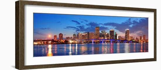 Miami City Skyline Panorama at Dusk with Urban Skyscrapers and Bridge over Sea with Reflection-Songquan Deng-Framed Photographic Print