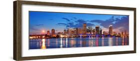 Miami City Skyline Panorama at Dusk with Urban Skyscrapers and Bridge over Sea with Reflection-Songquan Deng-Framed Photographic Print