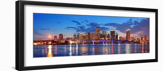 Miami City Skyline Panorama at Dusk with Urban Skyscrapers and Bridge over Sea with Reflection-Songquan Deng-Framed Photographic Print