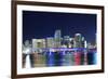 Miami City Skyline Panorama at Dusk with Urban Skyscrapers and Bridge over Sea with Reflection-Songquan Deng-Framed Photographic Print