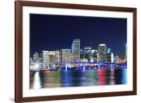 Miami City Skyline Panorama at Dusk with Urban Skyscrapers and Bridge over Sea with Reflection-Songquan Deng-Framed Photographic Print