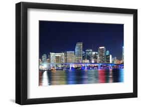 Miami City Skyline Panorama at Dusk with Urban Skyscrapers and Bridge over Sea with Reflection-Songquan Deng-Framed Photographic Print