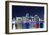 Miami City Skyline Panorama at Dusk with Urban Skyscrapers and Bridge over Sea with Reflection-Songquan Deng-Framed Photographic Print