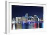 Miami City Skyline Panorama at Dusk with Urban Skyscrapers and Bridge over Sea with Reflection-Songquan Deng-Framed Photographic Print