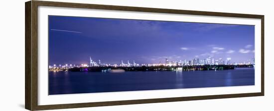 Miami, Florida: a Panoramic of Downtown and the Port of Miami Lit Up at Night-Brad Beck-Framed Premium Photographic Print