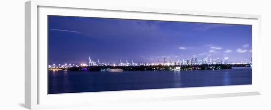 Miami, Florida: a Panoramic of Downtown and the Port of Miami Lit Up at Night-Brad Beck-Framed Premium Photographic Print