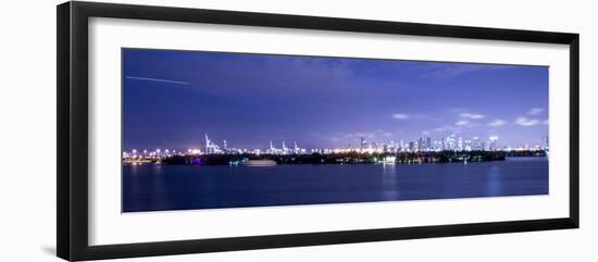 Miami, Florida: a Panoramic of Downtown and the Port of Miami Lit Up at Night-Brad Beck-Framed Photographic Print