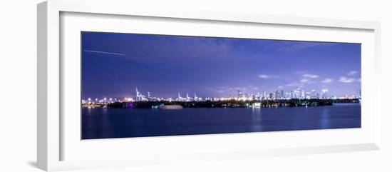 Miami, Florida: a Panoramic of Downtown and the Port of Miami Lit Up at Night-Brad Beck-Framed Photographic Print