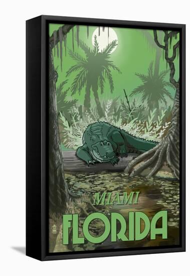 Miami, Florida - Alligator in Swamp-Lantern Press-Framed Stretched Canvas