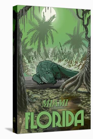 Miami, Florida - Alligator in Swamp-Lantern Press-Stretched Canvas