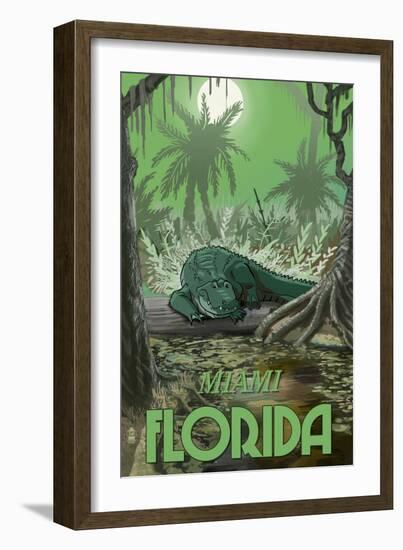 Miami, Florida - Alligator in Swamp-Lantern Press-Framed Art Print