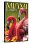 Miami, Florida - Flamingos-Lantern Press-Stretched Canvas