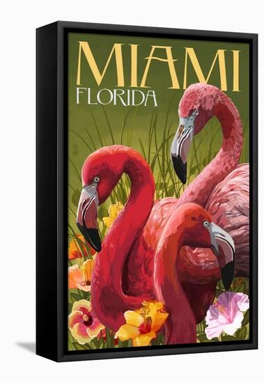 Miami, Florida - Flamingos-Lantern Press-Framed Stretched Canvas