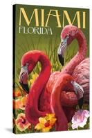 Miami, Florida - Flamingos-Lantern Press-Stretched Canvas