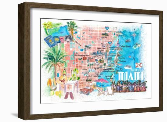 Miami Florida Illustrated Travel Map with Roads and Highlights-M. Bleichner-Framed Art Print