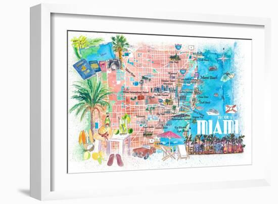Miami Florida Illustrated Travel Map with Roads and Highlights-M. Bleichner-Framed Premium Giclee Print