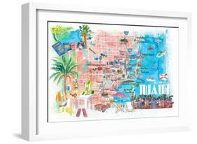 Miami Florida Illustrated Travel Map with Roads and Highlights-M. Bleichner-Framed Premium Giclee Print