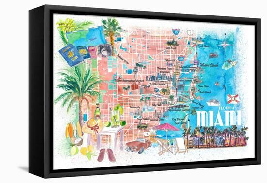 Miami Florida Illustrated Travel Map with Roads and Highlights-M. Bleichner-Framed Stretched Canvas