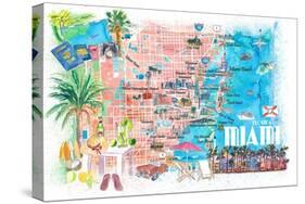 Miami Florida Illustrated Travel Map with Roads and Highlights-M. Bleichner-Stretched Canvas