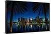 Miami, Florida - Palms and City at Night-Lantern Press-Framed Stretched Canvas