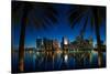 Miami, Florida - Palms and City at Night-Lantern Press-Stretched Canvas