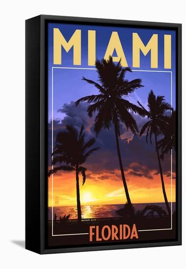 Miami, Florida - Palms and Sunset-Lantern Press-Framed Stretched Canvas